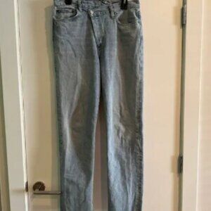 Agolde Criss Cross Straight Jeans Blue High-Rise Zip Button Raw Hem Pocket Sz 28